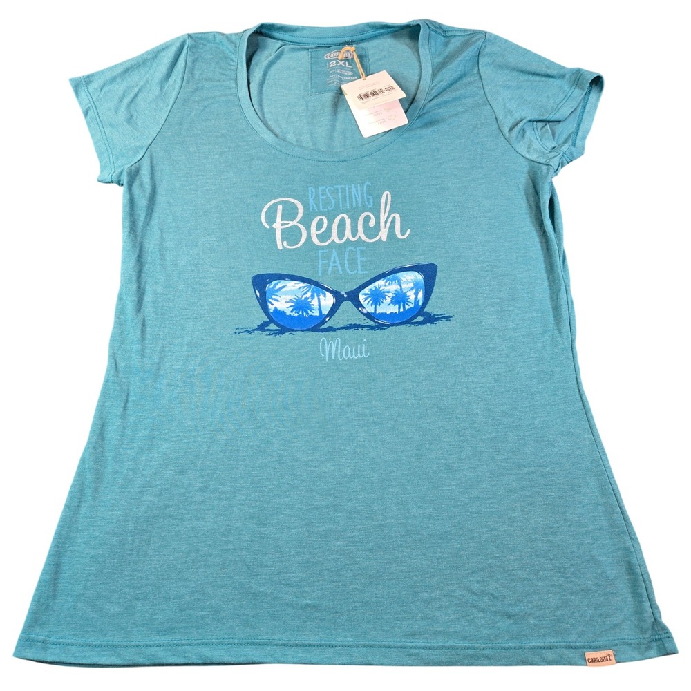 Cariloha Maui Resting Beach Face Bamboo Graphic Tee Teal Blue Women's 2X